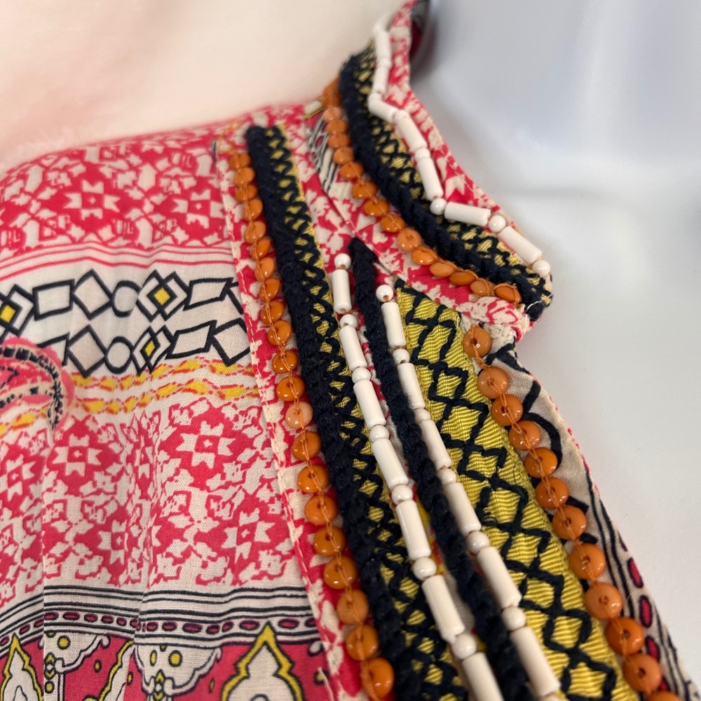 Charter Club Women's L Pink Yellow Beaded Paisley Rayon Tunic Top Boho Festival - Picture 3 of 10